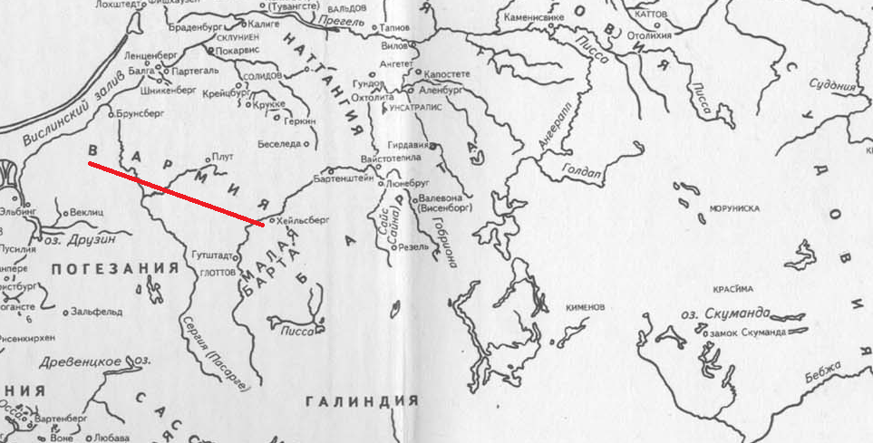 Вармия на карте Пруссия и Литва по данным "Хроники  земли Прусской Петра из Дусбурга"
