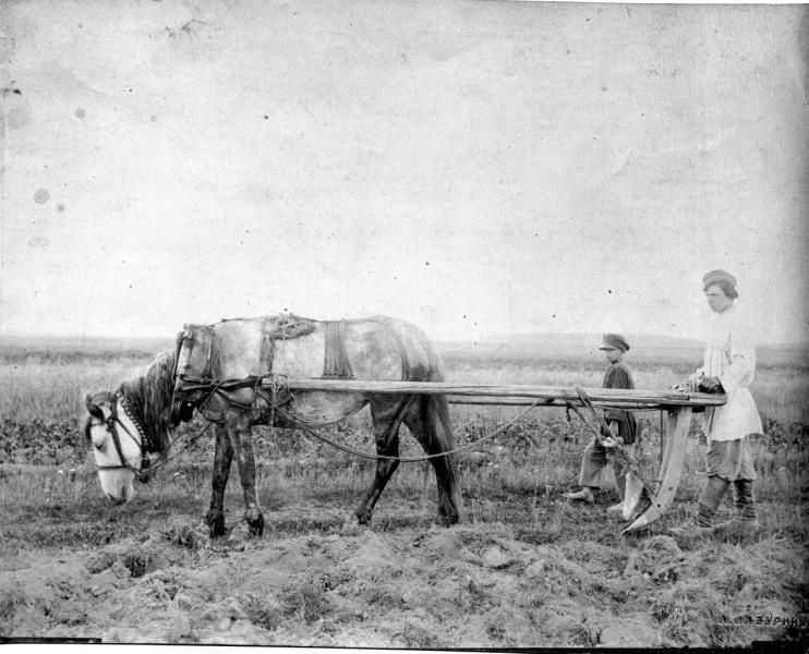 Крестьянин с мальчиком за сохой Дата съемки: 1910 - 1915