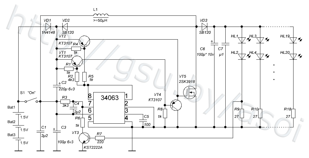 Принципиальная схема светодиодного фонарика на MC34063