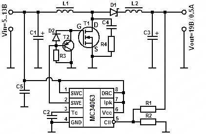 Схема повышающего преобразователя 5..13/19 В на 34063