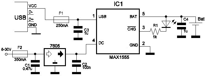 Схема зарядника для литий-полимерных аккумуляторов на микросхеме мах1555