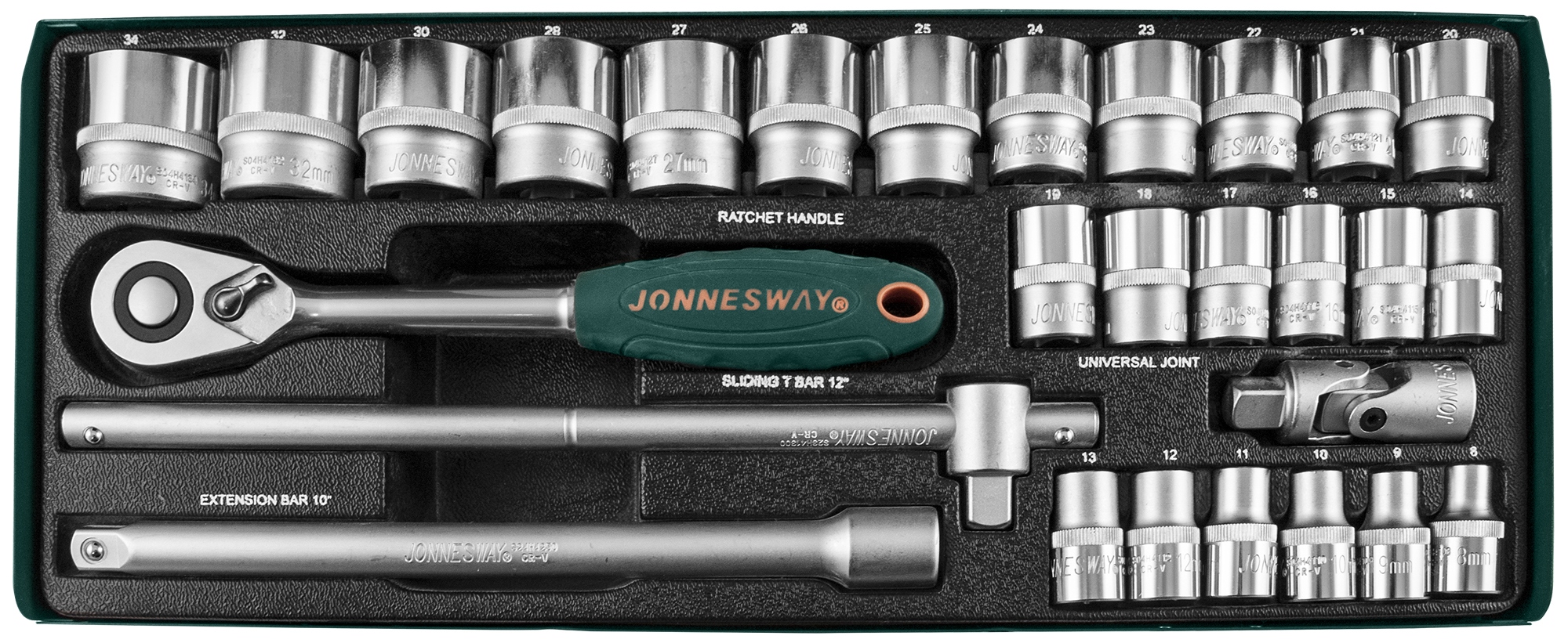 JONNESWAY S04H4728S 47534 Набор головок торцевых 1/2"DR 8-34 мм., с аксессуарами, 28 предметов - купить профессиональный инструмент Jonnesway недорого с доставкой Москве и России