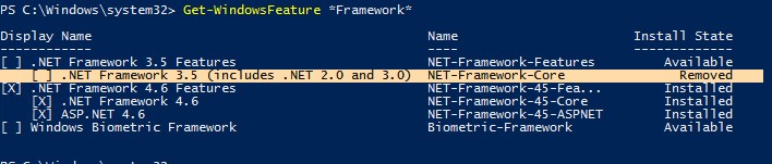 windows server 2019 status компонента NET-Framework-Core в хранилище Removed 